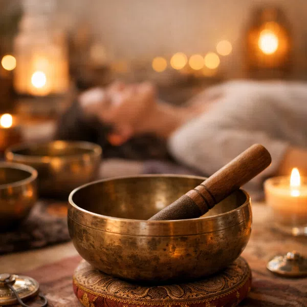 sound bath Bronze singing bowl with a wooden mallet on a patterned cushion candlelit relaxation scene in the background