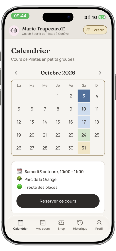 Calender screen for Pilates classes in October 2026 with selected dates highlighted and a reservation card below