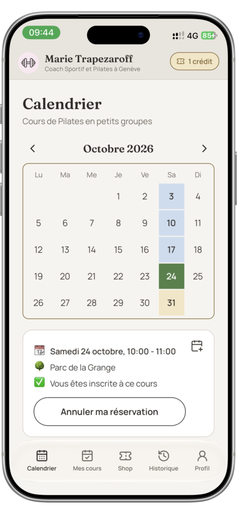 Calendar screen for a Pilates coach app showing October 2026 with selected dates highlighted 3 blue 10 blue 17 blue 24 green 31 beige
