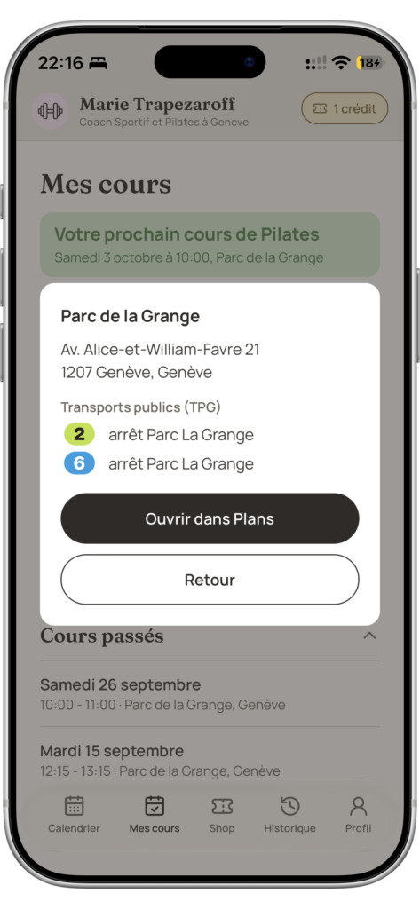 Modal card for Parc de la Grange address in Geneva with transit stops 2 and 6 plus actions Open in Plans and Retour
