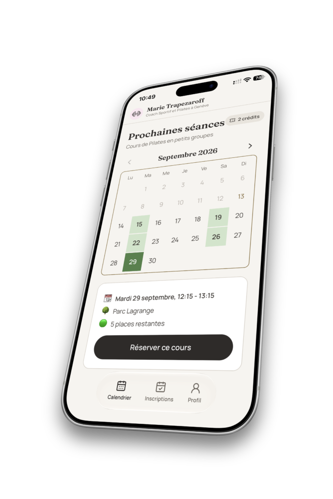 marietrap4 Écran dapplication affichant les prochaines séances de Pilates avec un calendrier de septembre et bouton Réserver ce cours