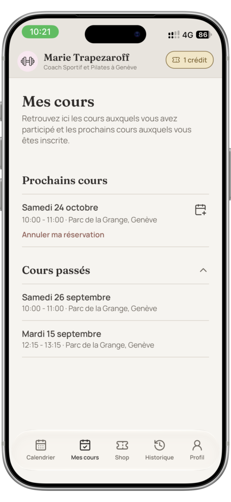 Screenshot of a mobile app showing Mes cours with upcoming and past classes Parc de la Grange Genève and bottom navigation icons Calendrier Mes cours Shop Historique Profil