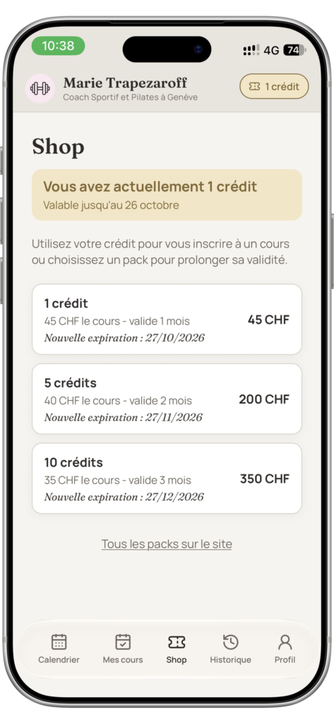 Écran Shop dune app message Vous avez actuellement 1 crédit et trois packs de crédits avec prix en CHF sur fond clair