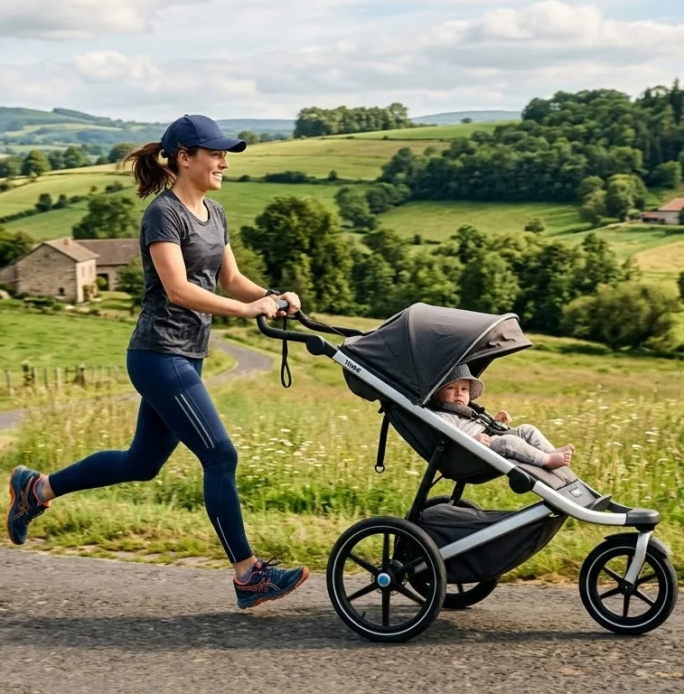 Jeune maman en remise en forme postnatale avec sa poussette à Genève